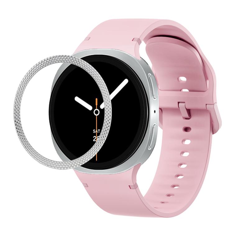 For Samsung Galaxy Watch8 44mm Rhombic Texture Bezel and Solid Color Stitched Silicone Watch Band(Light Pink Silver)
