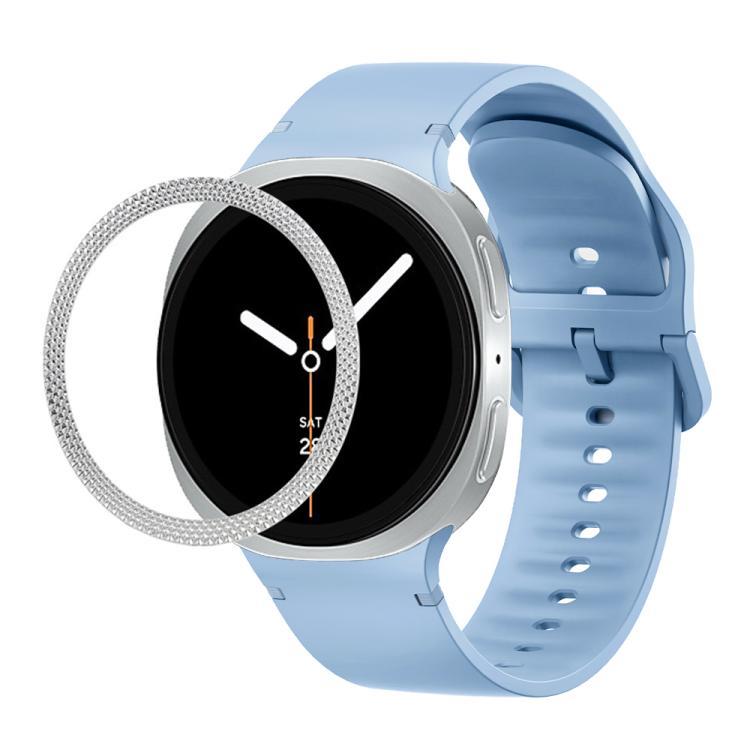 For Samsung Galaxy Watch8 44mm Rhombic Texture Bezel and Solid Color Stitched Silicone Watch Band(Light Blue Silver)
