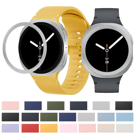 For Samsung Galaxy Watch8 44mm Rhombic Texture Bezel and Solid Color Stitched Silicone Watch Band(Light Pink Silver)