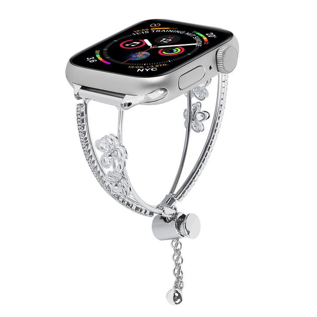 For Apple Watch 42mm / 41mm / 40mm / 38mm Copper-Inlaid Zircon 5-petal Flower Bracelet Watch Band(Silver)