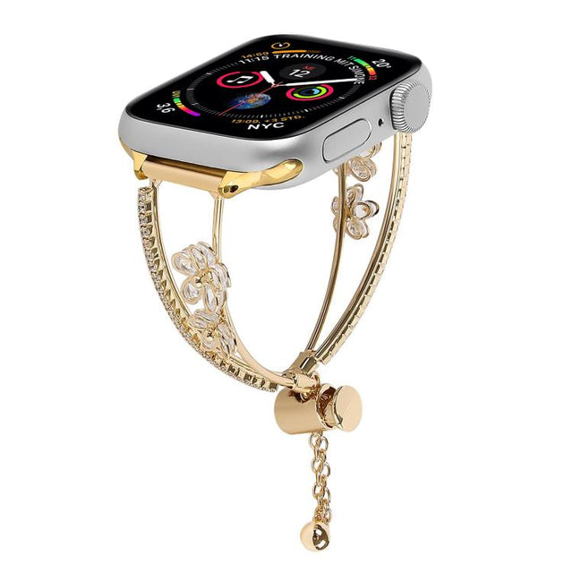 For Apple Watch 42mm / 41mm / 40mm / 38mm Copper-Inlaid Zircon 5-petal Flower Bracelet Watch Band(Gold)
