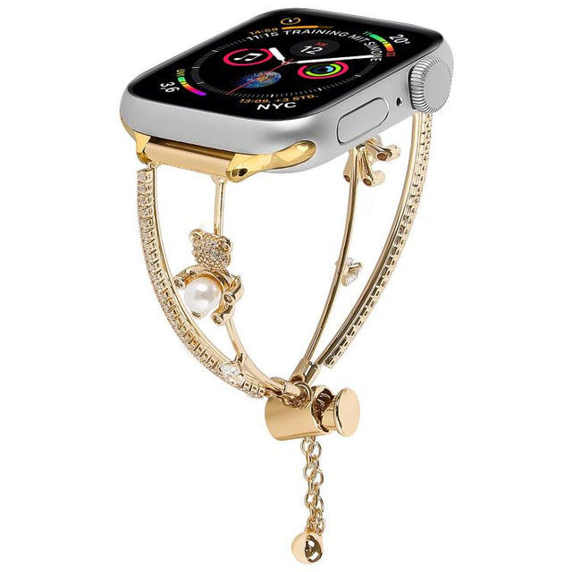 For Apple Watch 46mm / 49mm / 45mm / 44mm Copper-Inlaid Bear Zircon Bracelet Watch Band(Gold)
