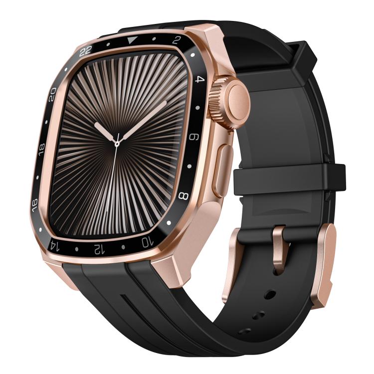 For Apple Watch Series 10 46mm Scale Model Integrated Metal Frame Silicone Watch Band(Rose Gold Frame Black Dial)