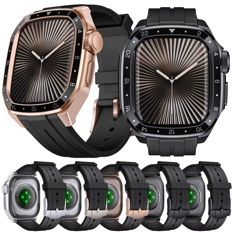 For Apple Watch Series 10 46mm Scale Model Integrated Metal Frame Silicone Watch Band(Rose Gold Frame Black Dial)