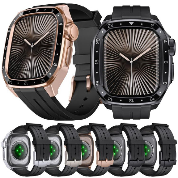 For Apple Watch Series 10 46mm Scale Model Integrated Metal Frame Silicone Watch Band(Rose Gold Frame Black Dial)