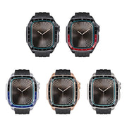 For Apple Watch Series 10 46mm Scale Model Integrated Metal Frame Silicone Watch Band(Silver Frame Black Blue Dial)