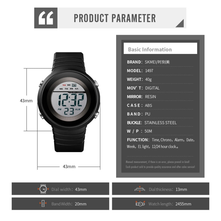 SKMEI 1497 Fashion Simple Backlight Single Display Electronic Watch Timing Alarm Watch(Blue White)