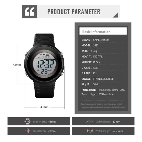 SKMEI 1497 Fashion Simple Backlight Single Display Electronic Watch Timing Alarm Watch(Blue White)