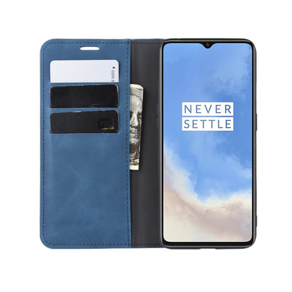 For OnePlus 7T Retro-skin Business Magnetic Suction Leather Case with Purse-Bracket-Chuck(Dark Blue)