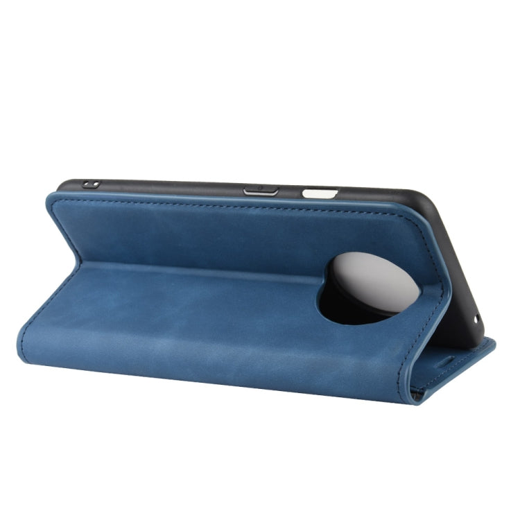 For OnePlus 7T Retro-skin Business Magnetic Suction Leather Case with Purse-Bracket-Chuck(Dark Blue)