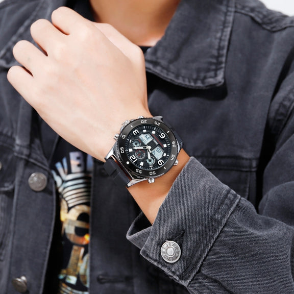 SKMEI 1538 Multi-Function Time Large Dial Steel Belt Men  Casual Sports Electronic Watch(Silver-Silicone Belt)
