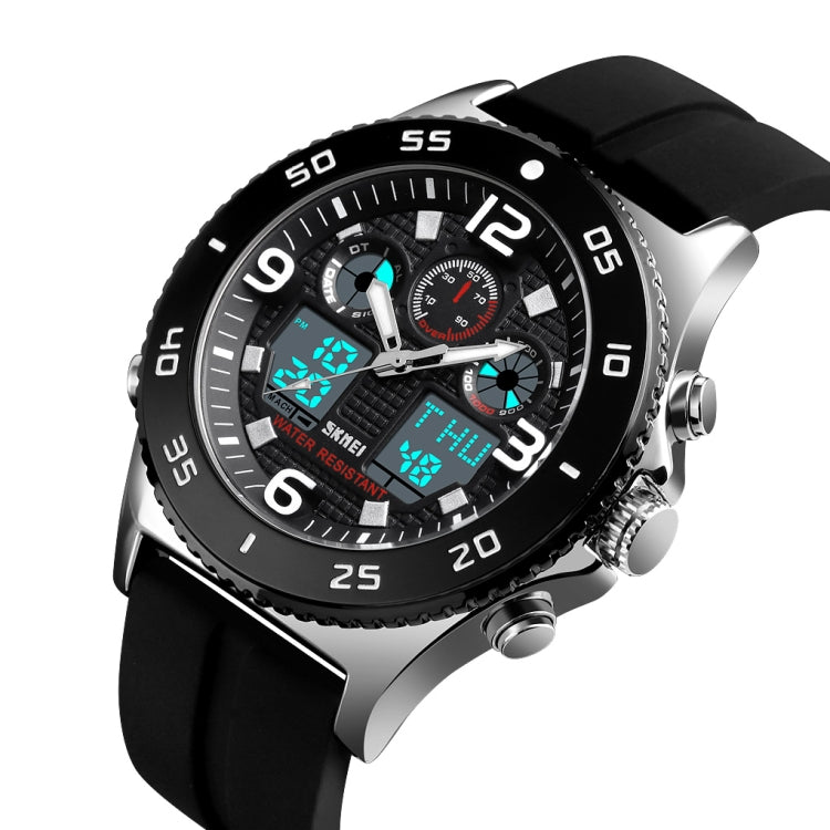 SKMEI 1538 Multi-Function Time Large Dial Steel Belt Men  Casual Sports Electronic Watch(Silver-Silicone Belt)