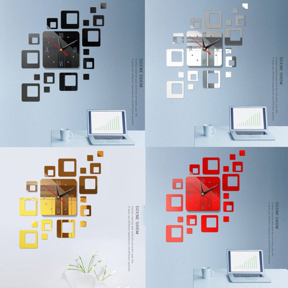 Home Mirror Surface Sticker Home Office Decorative Mirrors 3D Stereo Clock Acrylic Mirror Clock Block Combination Clock(Red)