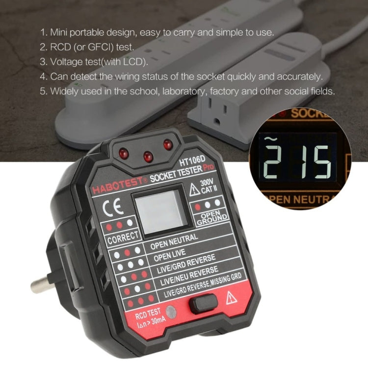 HT106 Socket Testers Voltage Test Detector Ground Line Neutral Line Live Line Leakage Electroscope(EU Plug)