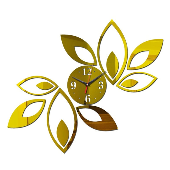 Flower Art Modern Design DIY Removable 3D Crystal Mirror Wall Clock Wall Sticker Living Room Bedroom Decor(Gold)