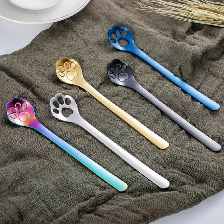 Stainless Steel Creative Cat Claw Coffee Spoon Dessert Cake Spoon, Style:Hollow Cat Claw Spoon, Color:Colorful