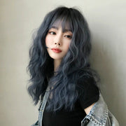 Women's Wool Long Hair With Bangs Natural Fluffy Wig, Color:Haze Blue (Black On Top) 54CM