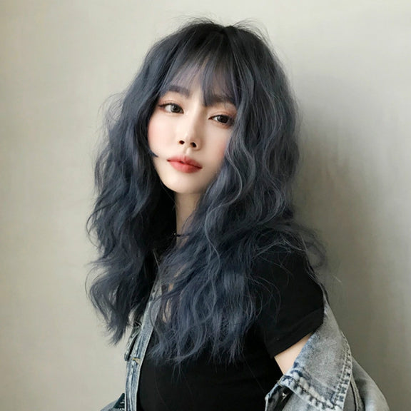 Women's Wool Long Hair With Bangs Natural Fluffy Wig, Color:Haze Blue (Black On Top) 54CM