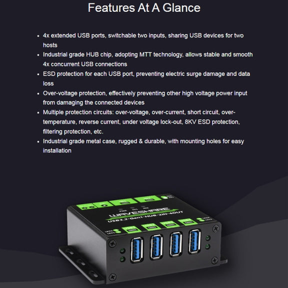 Waveshare 23929 USB HUB, Extending 4 X USB 3.2 Ports, Switchable Dual Hosts, Multi Protections