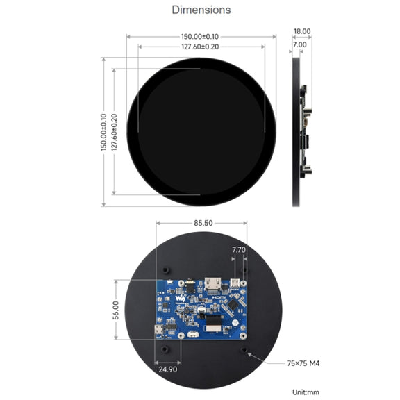 Waveshare 1080x1080 IPS Optically Bonded 5-Inch HDMI Circular 10-Point Touch Screen(24369)