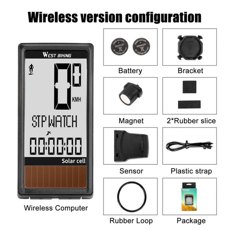 WEST BIKING Wireless Solar Code Table Mountain Road Bike Large Character Code Table Five Language Water-resistant Speedometer