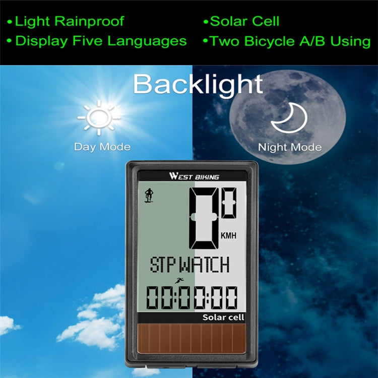 WEST BIKING Wireless Solar Code Table Mountain Road Bike Large Character Code Table Five Language Water-resistant Speedometer