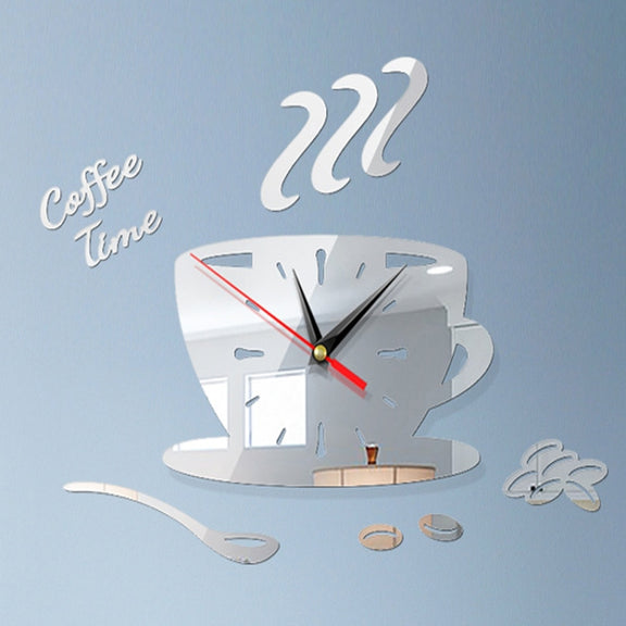 Home DIY 3D Stereo Decorative Fashion Coffee Wall Clock Acrylic Mirror Wall Sticker Coffee Clock(Silver)