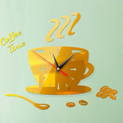 Home DIY 3D Stereo Decorative Fashion Coffee Wall Clock Acrylic Mirror Wall Sticker Coffee Clock(Deep Gold)