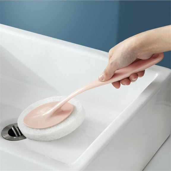 Bathroom Long Handle Cleaning Sponge Brush Floor Tile Decontamination Scouring Pad(White)