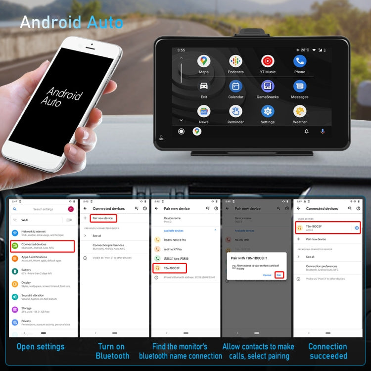 A3135 7 Inch HD Wired Smart Screen With Wireless CarPlay + Android Auto + Android With With 16G Memory Card