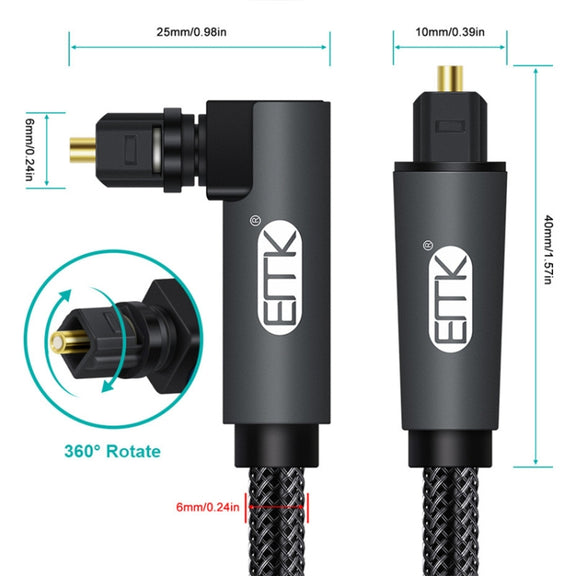 EMK 90 Degree Swivel Adjustable Right Angled 360 Degrees Rotatable Plug Nylon Woven Mesh Optical Audio Cable, Cable Length:5m(Black)