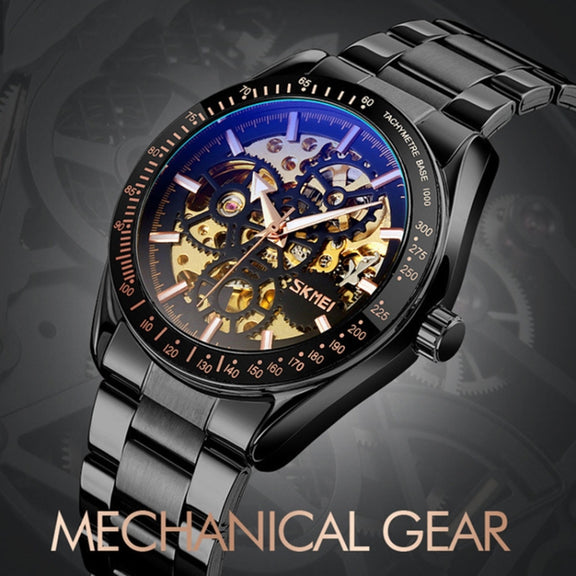 SKMEI 9194 Men Automatic Skeleton Mechanical Steel Band Watch (Golden Black Face)