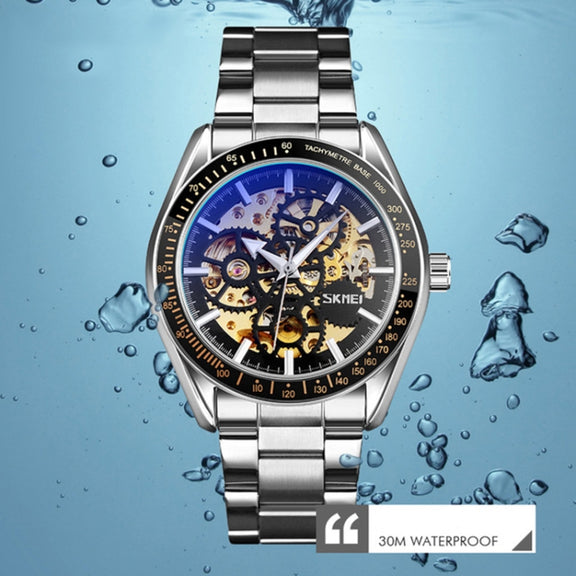 SKMEI 9194 Men Automatic Skeleton Mechanical Steel Band Watch (Golden Black Face)
