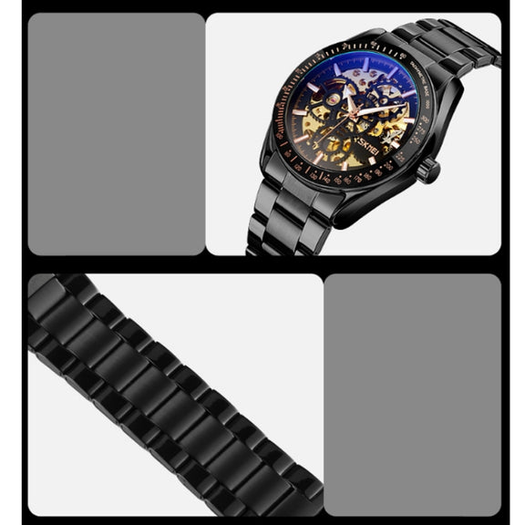 SKMEI 9194 Men Automatic Skeleton Mechanical Steel Band Watch (Golden Black Face)