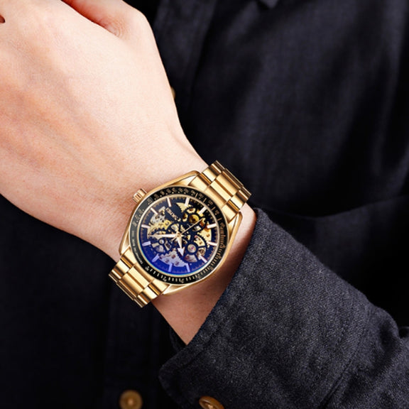 SKMEI 9194 Men Automatic Skeleton Mechanical Steel Band Watch (Golden Black Face)