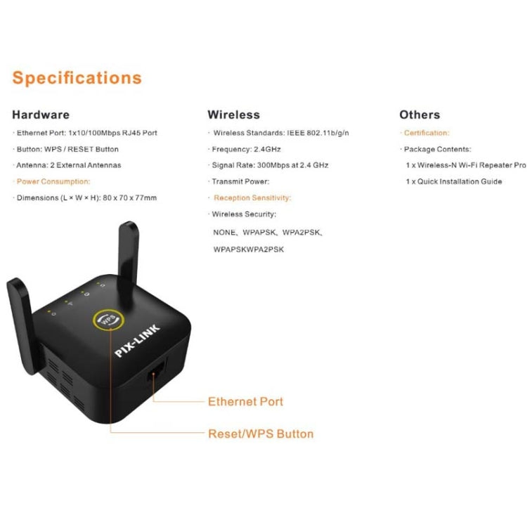 PIX-LINK WR22 300Mbps Wifi Wireless Signal Amplification Enhancement Extender, Plug Type:AU Plug(Black)