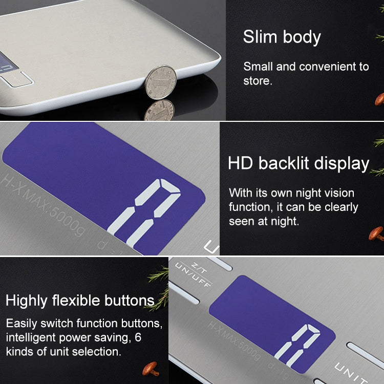 BOH-2012 Digital Multi-function Stainless Steel Food Kitchen Scale with LCD Display, Specification: 5kg/1g (Silver)