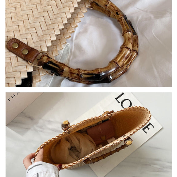 Retro Large-Capacity Bamboo Portable Straw Beach Bag(Brown)