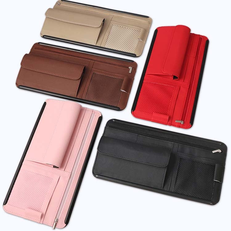 Car Sun Block Glasses Case Document Holder Car Plastic Frame Zipper Type Multi-Function Card Bag Storage Bag(Brown)