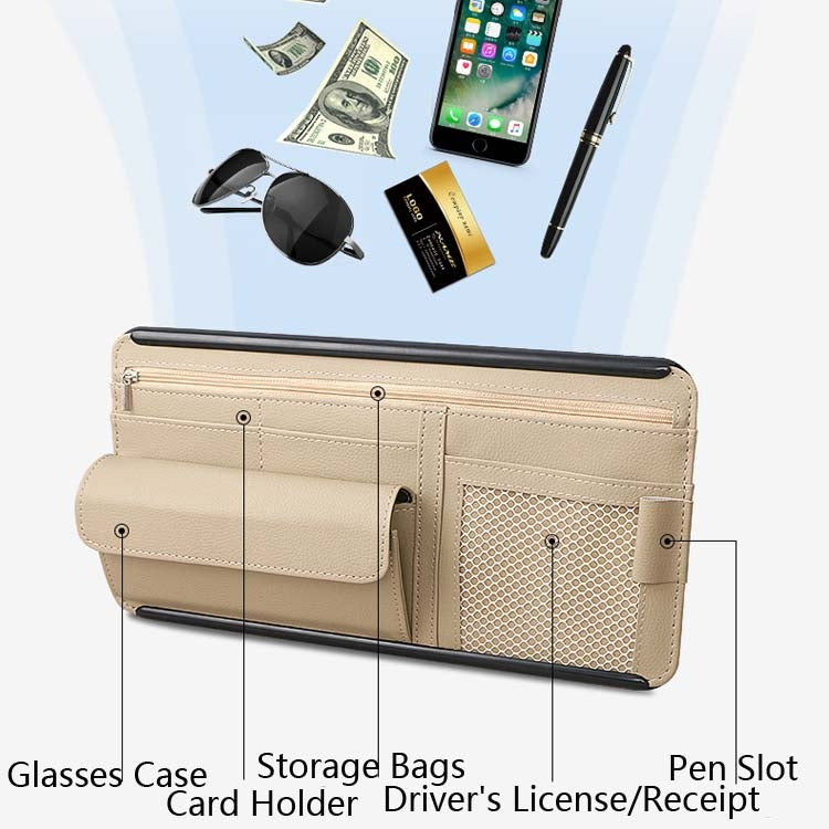 Car Sun Block Glasses Case Document Holder Car Plastic Frame Zipper Type Multi-Function Card Bag Storage Bag(Brown)