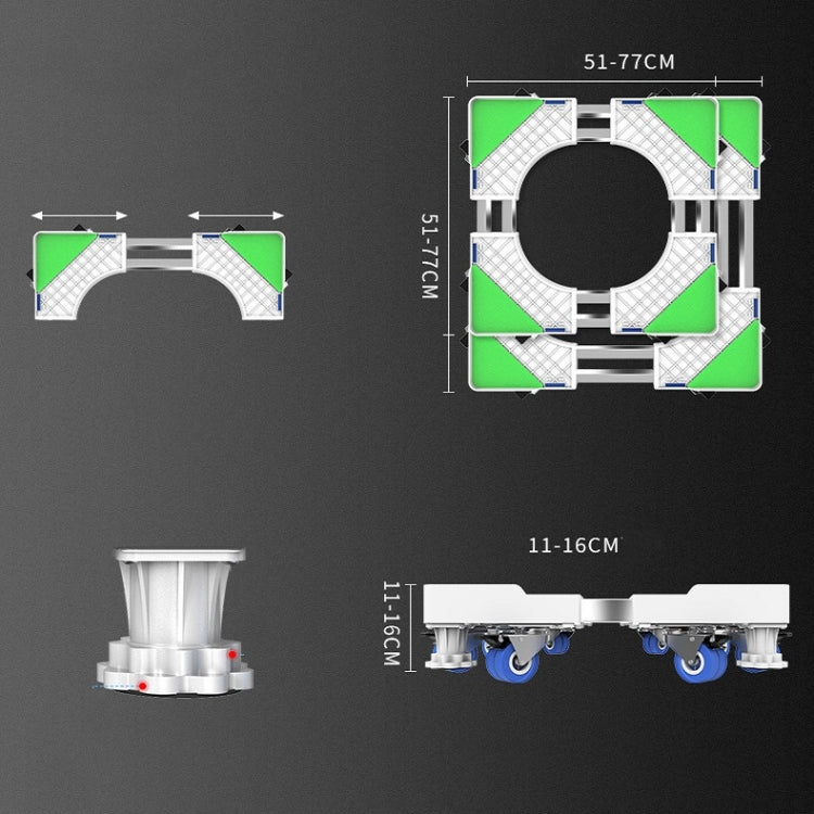 Double Tubes 4 Wheels + 8 Legs Adjustable Stainless Steel Refrigerator Bracket Washing Machine Base Bracket