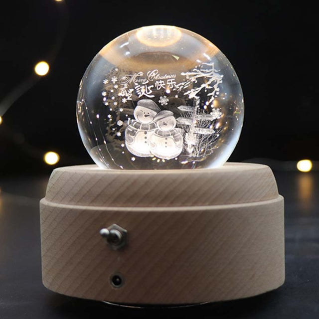 Girl Bedside Lamp Crystal Ball Wooden Base Music Box Charging Glow Rotating Night Light, Random Music(Merry Christmas)