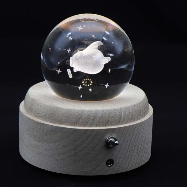 Girl Bedside Lamp Crystal Ball Wooden Base Music Box Charging Glow Rotating Night Light, Random Music(Flying Pig)