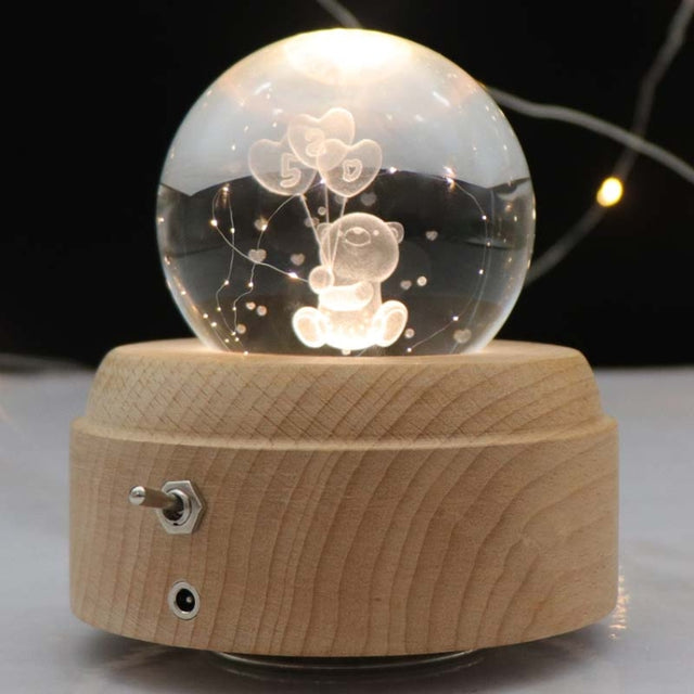 Girl Bedside Lamp Crystal Ball Wooden Base Music Box Charging Glow Rotating Night Light, Random Music(Balloon Bear)