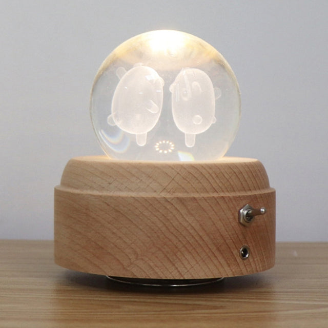 Girl Bedside Lamp Crystal Ball Wooden Base Music Box Charging Glow Rotating Night Light, Random Music(Double Pig)