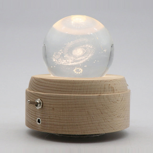 Girl Bedside Lamp Crystal Ball Wooden Base Music Box Charging Glow Rotating Night Light, Random Music(Milky Way)