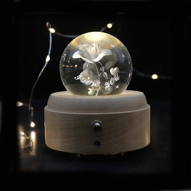 Girl Bedside Lamp Crystal Ball Wooden Base Music Box Charging Glow Rotating Night Light, Random Music(Rose I love U)