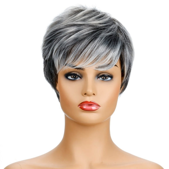 Ladies Fashion Realistic Wig Short Curly Hair Headgear(Black+White)