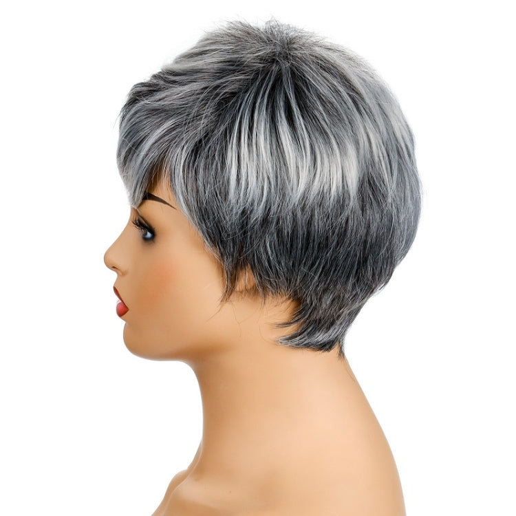 Ladies Fashion Realistic Wig Short Curly Hair Headgear(Black+White)