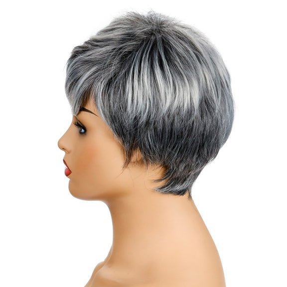 Ladies Fashion Realistic Wig Short Curly Hair Headgear(Black+White)
